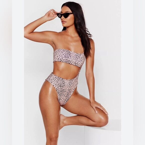 Nasty Gal Cut Out Swimsuit Dalmatian One Shoulder High Leg Swimsuit Beach 8 - Picture 1 of 7